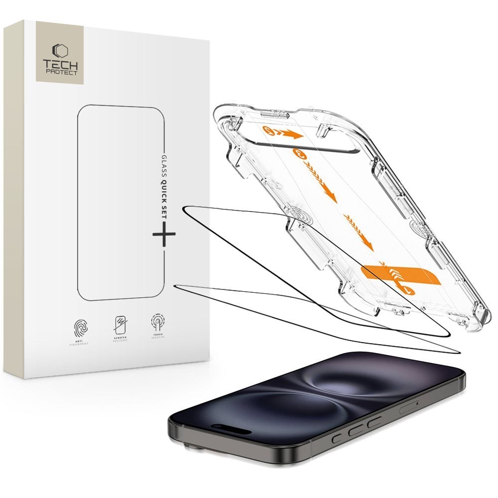 Szkło hartowane na iPhone 15 / 16 z ramką instlacyjną Quick Set+ – 2 szt. Szkło hartowane na iPhone 15 / 16 z ramką instlacyjną Quick Set+ – 2 szt.