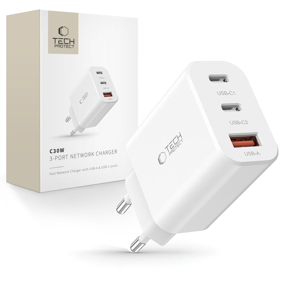 Ładowarka sieciowa 2x USB-C PD / USB-A QC 30W – biała
