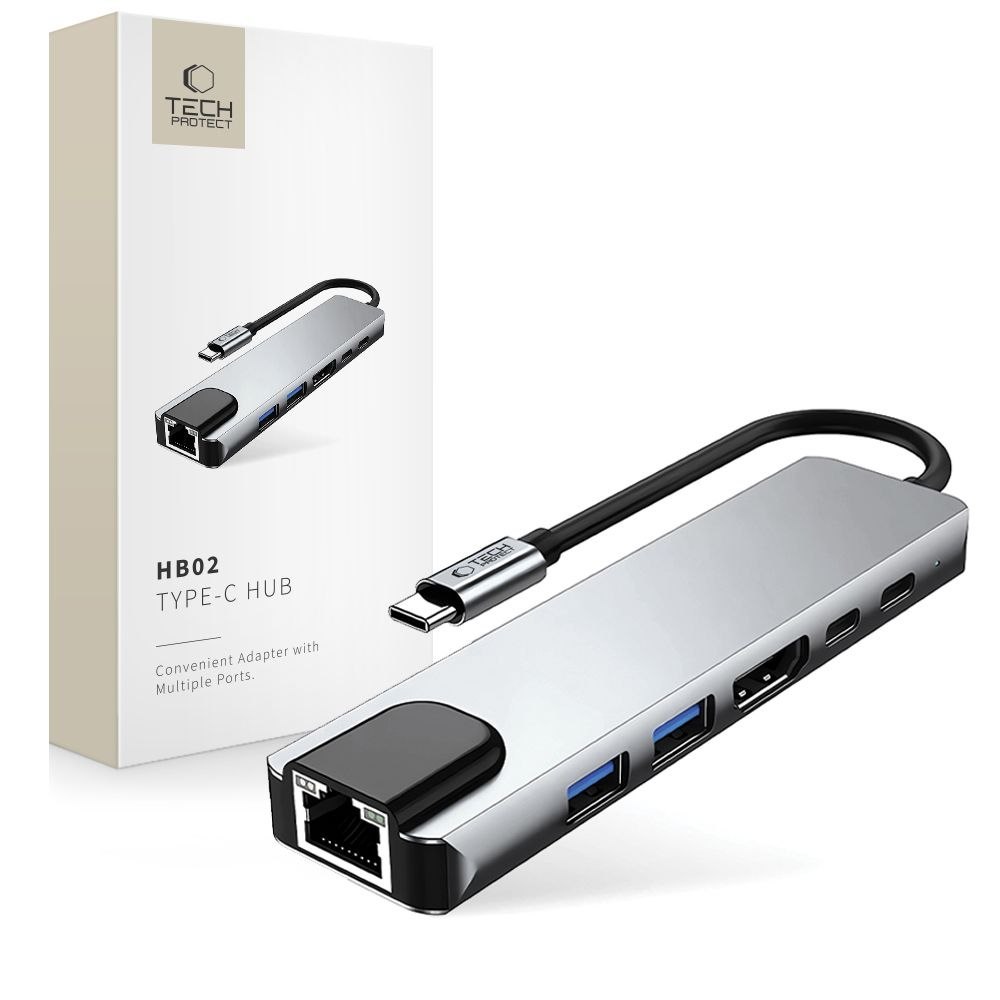 6w1 HUB Adapter USB-C USB-A HDMI RJ45 4K 30Hz PD 100W – szary