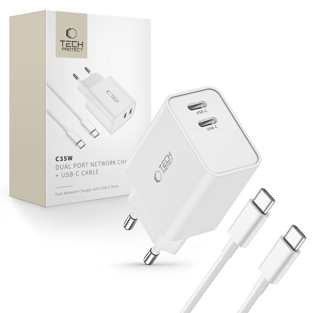 Ładowarka sieciowa C35W 2x USB-C z kablem USB-C 35W – biała