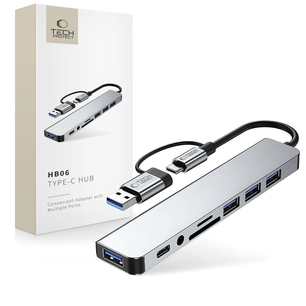 HUB rozdzielacz wielofunkcyjny 8w1 USB-C USB-A SD/TF AV3.5 – szary