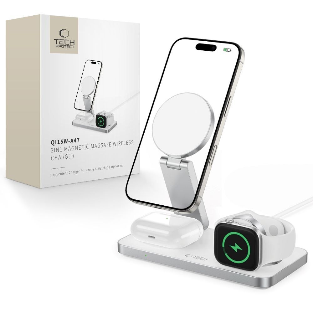 Ładowarka indukcyjna 3w1 do iPhone Apple Watch AirPods + kabel USB-C MagSafe – biała