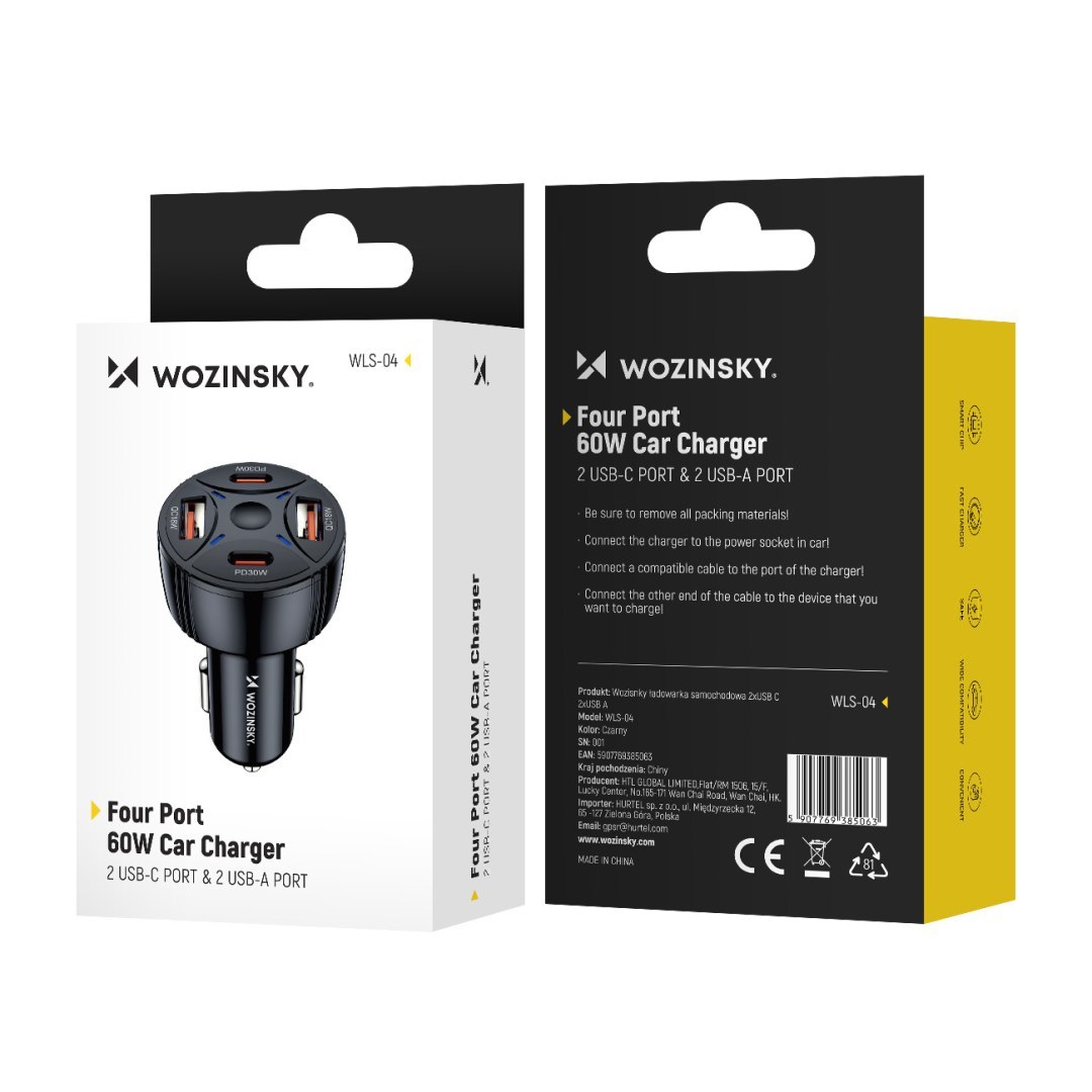 Ładowarka samochodowa 2xUSB-C 2xUSB-A 60W – czarna