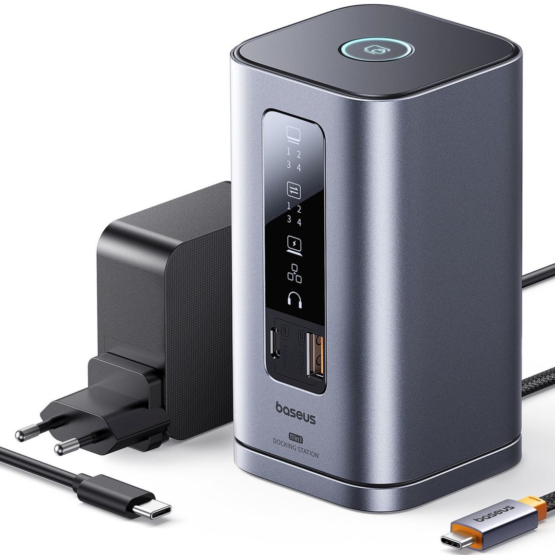HUB Stacja dokująca 11w1 USB-C HDMI DP USB-A USB-C RJ45 PD mini jack 3.5mm ładowarka EU – szara HUB Stacja dokująca 11w1 USB-C HDMI DP USB-A USB-C RJ45 PD mini jack 3.5mm ładowarka EU – szara