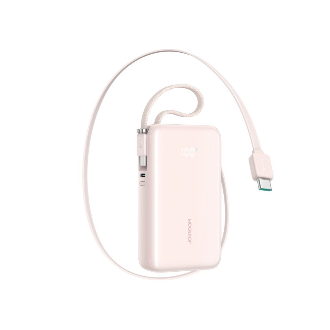 Powerbank 10000mAh 35W ze zwijanym kablem USB-C kablem-smyczą USB-C – różowy Powerbank 10000mAh 35W ze zwijanym kablem USB-C kablem-smyczą USB-C – różowy