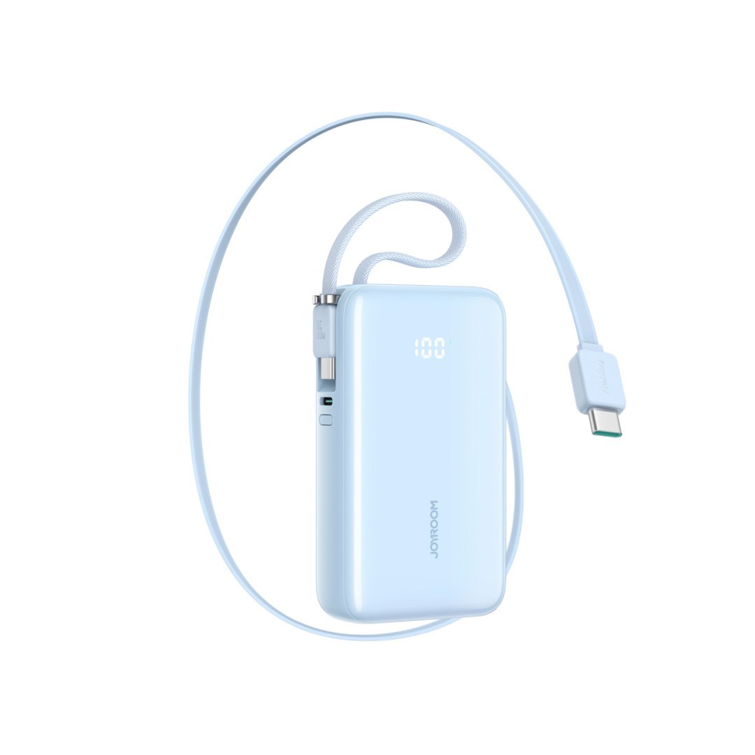 Powerbank 10000mAh 35W ze zwijanym kablem USB-C kablem-smyczą USB-C – niebieski
