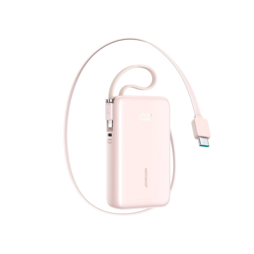 Powerbank 10000mAh 35W ze zwijanym kablem USB-C kablem-smyczą Lightning – różowy Powerbank 10000mAh 35W ze zwijanym kablem USB-C kablem-smyczą Lightning – różowy