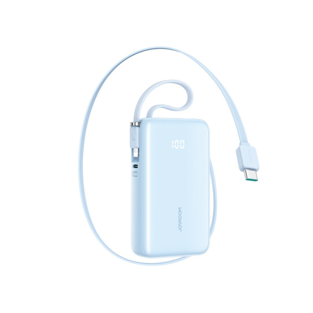 Powerbank 10000mAh 35W ze zwijanym kablem USB-C kablem-smyczą Lightning – niebieski