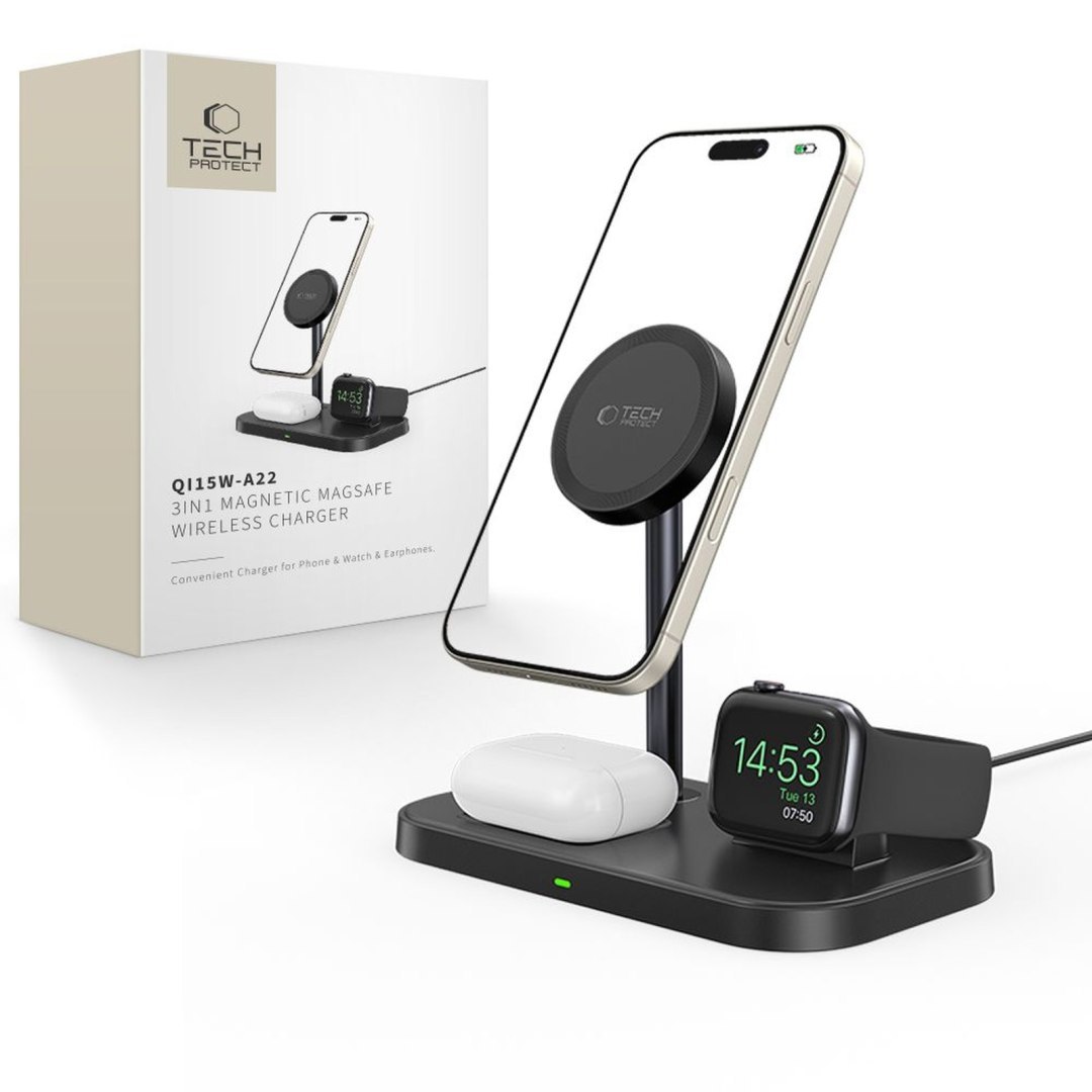 Ładowarka indukcyjna 3w1 ze stojakiem na smartfon Apple Watch AirPods MagSafe – czarna
