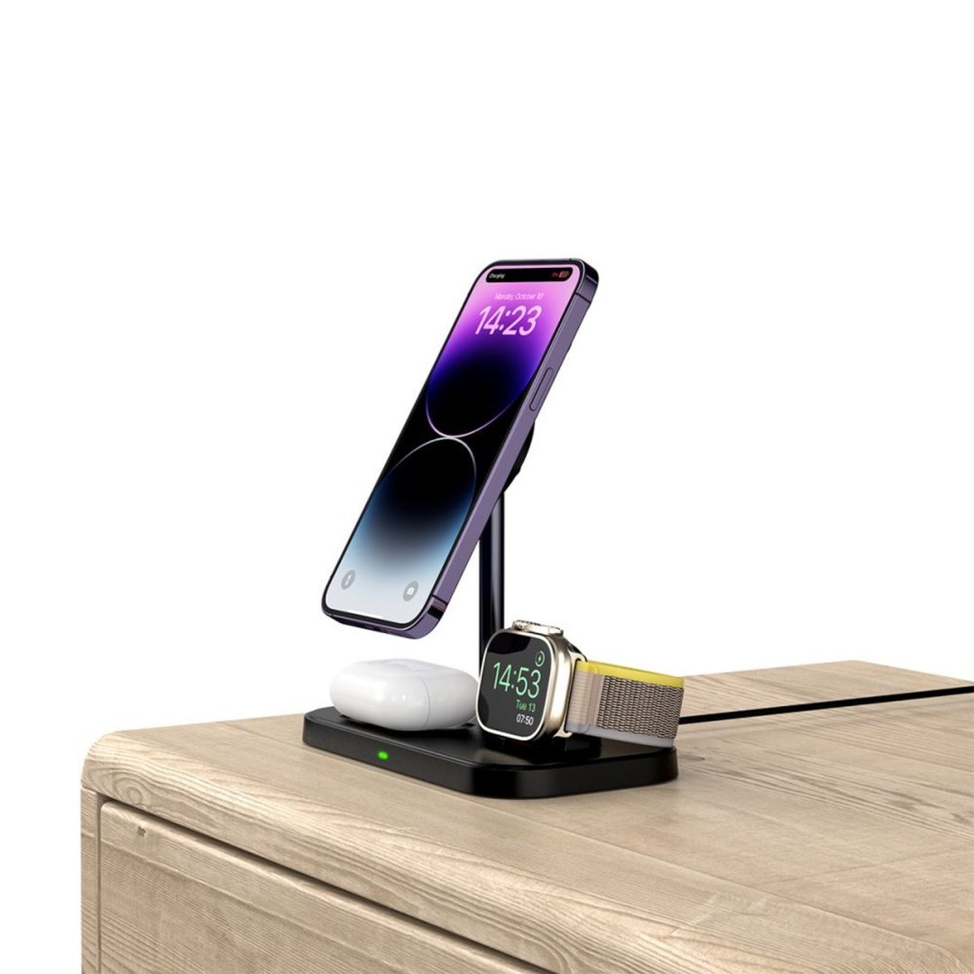 Ładowarka indukcyjna 3w1 ze stojakiem na smartfon Apple Watch AirPods MagSafe – czarna Ładowarka indukcyjna 3w1 ze stojakiem na smartfon Apple Watch AirPods MagSafe – czarna