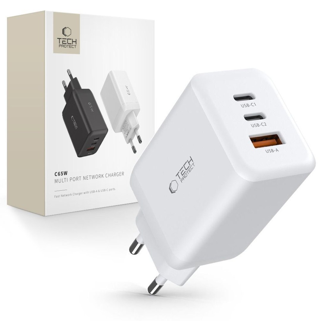 Ładowarka sieciowa USB-C USB-A C65W PD 65W QC – biała Ładowarka sieciowa USB-C USB-A C65W PD 65W QC – biała