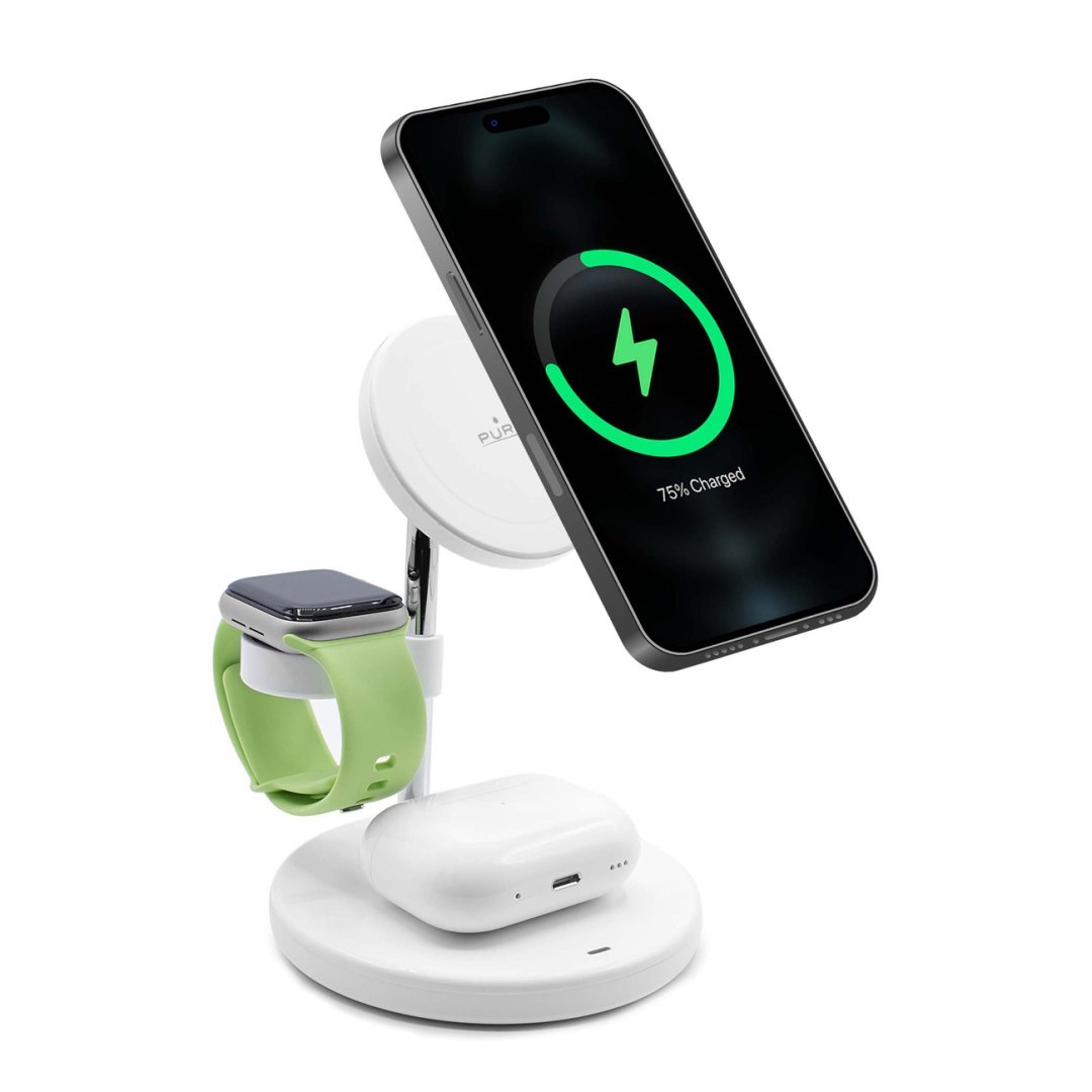 Ładowarka indukcyjna 3w1 ze stojakiem do iPhona AirPods USB-A – biała