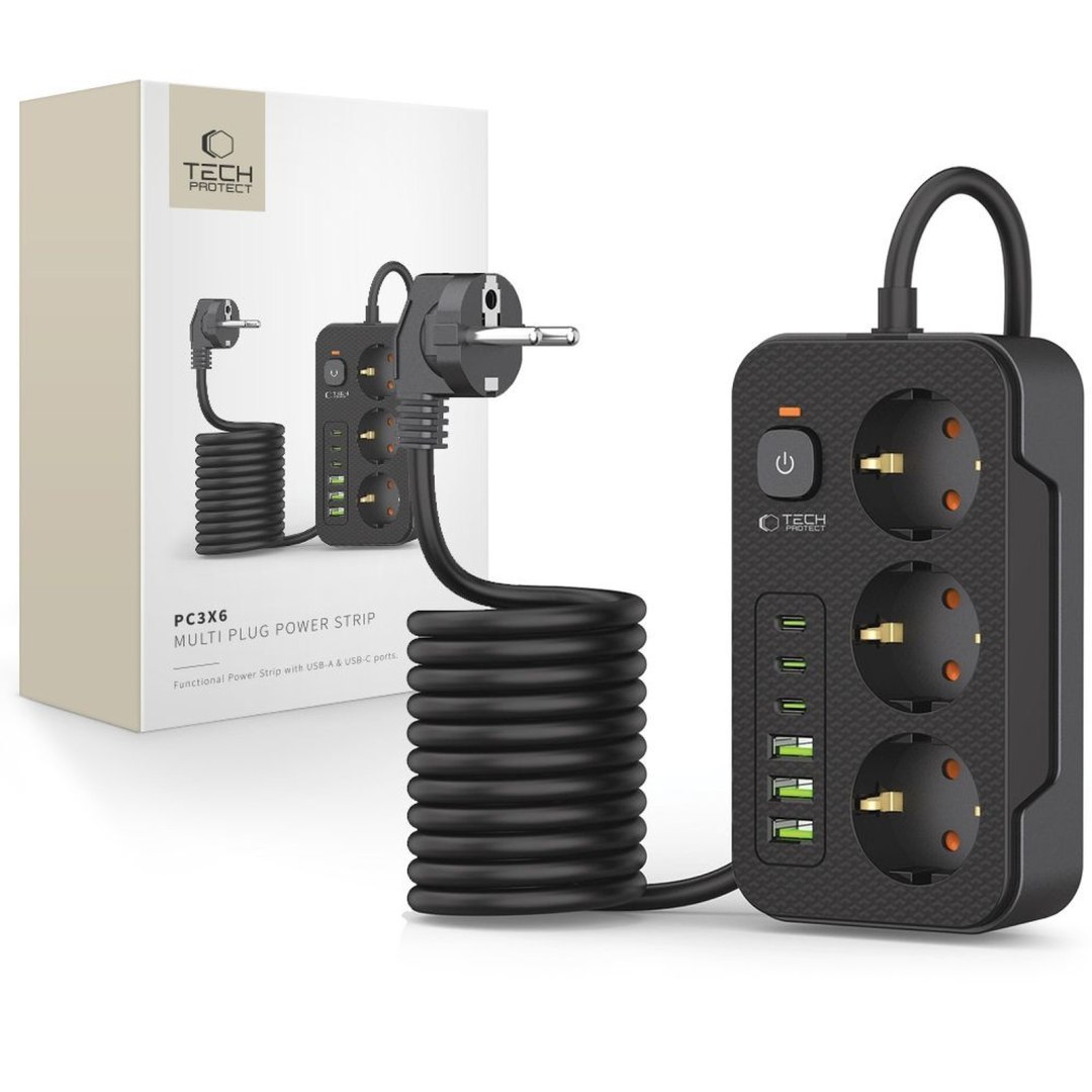 Listwa zasilająca przedłużacz 3 gniazda 240V USB-A USB-C 2m – czarna Listwa zasilająca przedłużacz 3 gniazda 240V USB-A USB-C 2m – czarna