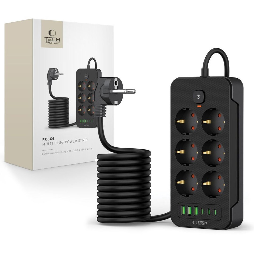 Listwa zasilająca przedłużacz 6 gniazd 240V USB-A USB-C 2m – czarna