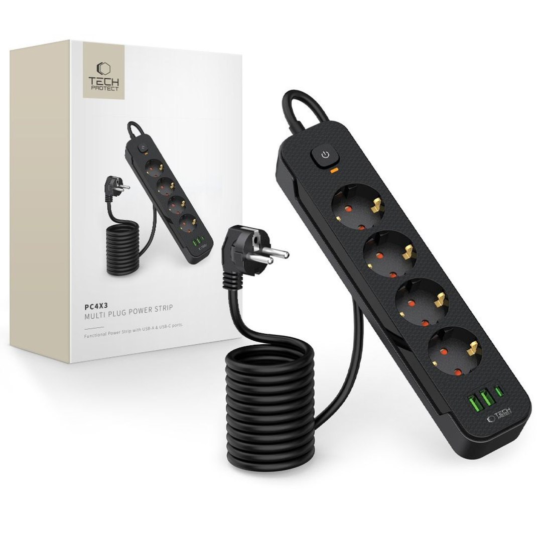 Listwa zasilająca przedłużacz 4 gniazda 240V USB-A USB-C 2m – czarna Listwa zasilająca przedłużacz 4 gniazda 240V USB-A USB-C 2m – czarna