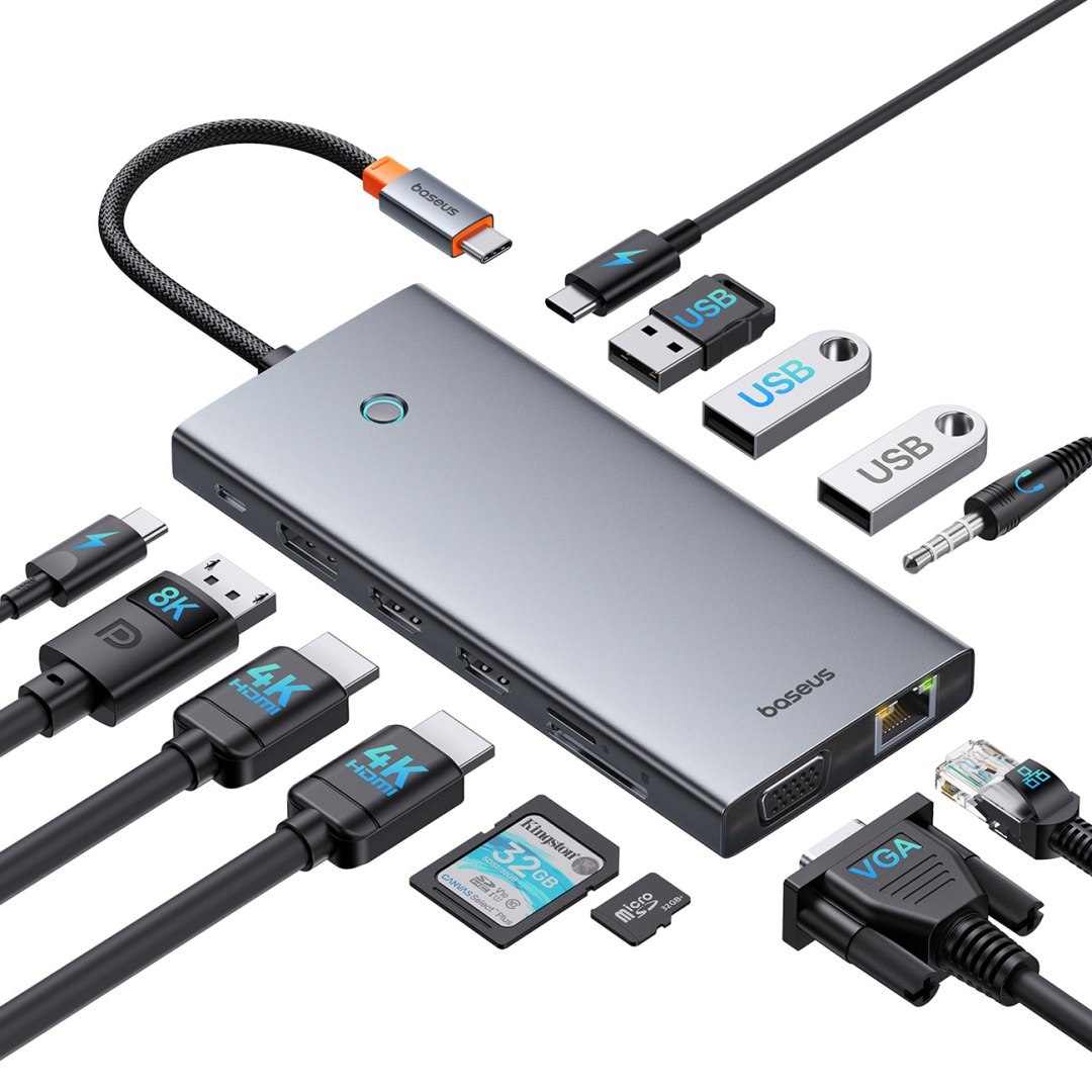13w1 HUB adapter PortalJoy Series USB-C HDMI DP VGA USB-A PD RJ45 SD TF AUX – szary