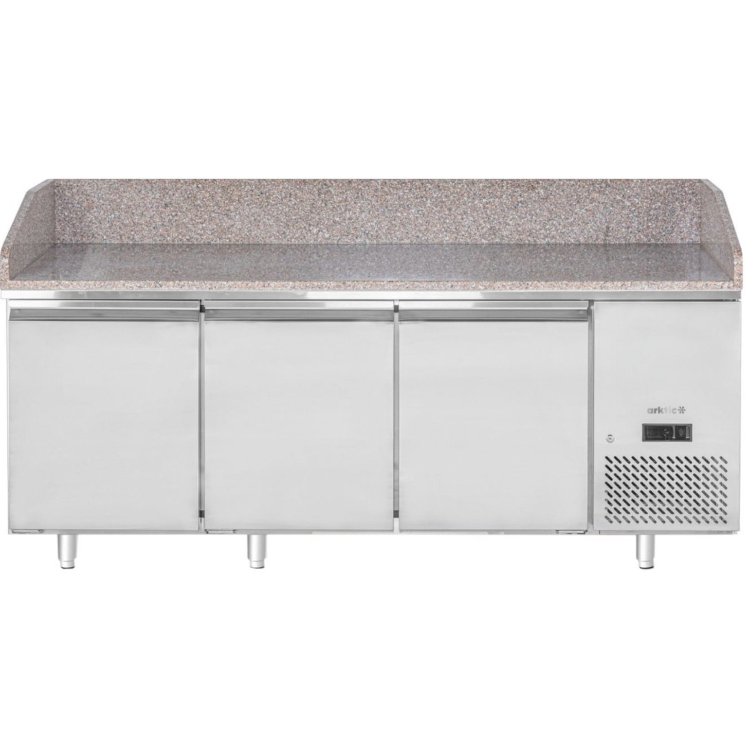 Stół chłodniczy do pizzy z granitowym blatem rantem 3-drzwiowy 375 l 400 W 201x80x88 cm Stół chłodniczy do pizzy z granitowym blatem rantem 3-drzwiowy 375 l 400 W 201x80x88 cm