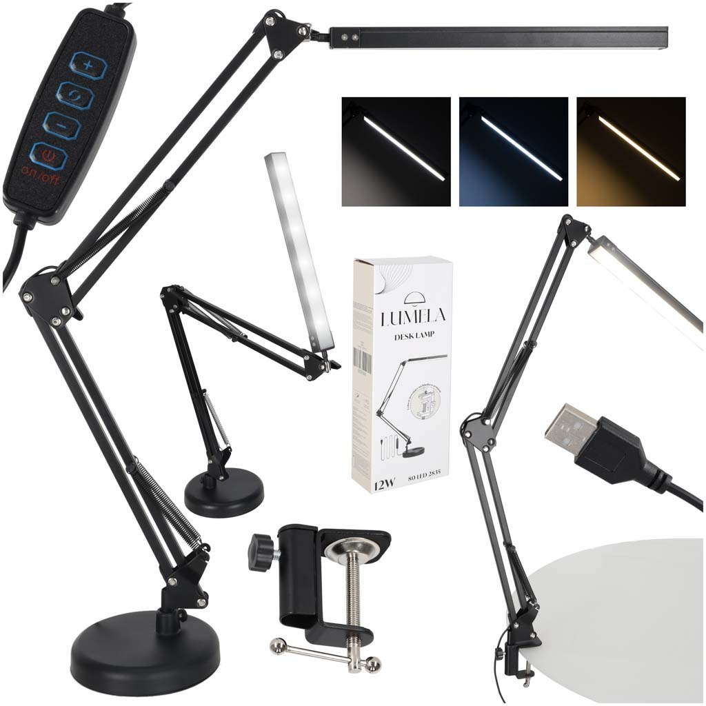 Lampka na biurko biurkowa LED USB obrotowy wysięgnik 2 sposoby mocowania