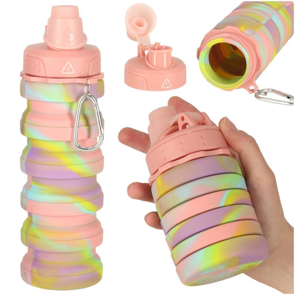 Butelka na wodę bidon silikonowy składany z uchwytem BPA FREE 500ml tęczowy Butelka na wodę bidon silikonowy składany z uchwytem BPA FREE 500ml tęczowy