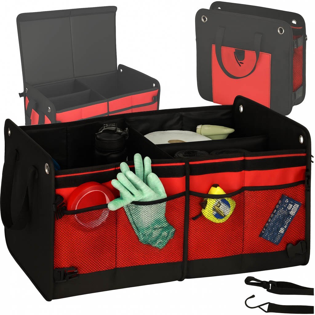 Organizer do bagażnika auta 56L XXL wzmocniony składany z klapą czarno-czerwony Organizer do bagażnika auta 56L XXL wzmocniony składany z klapą czarno-czerwony