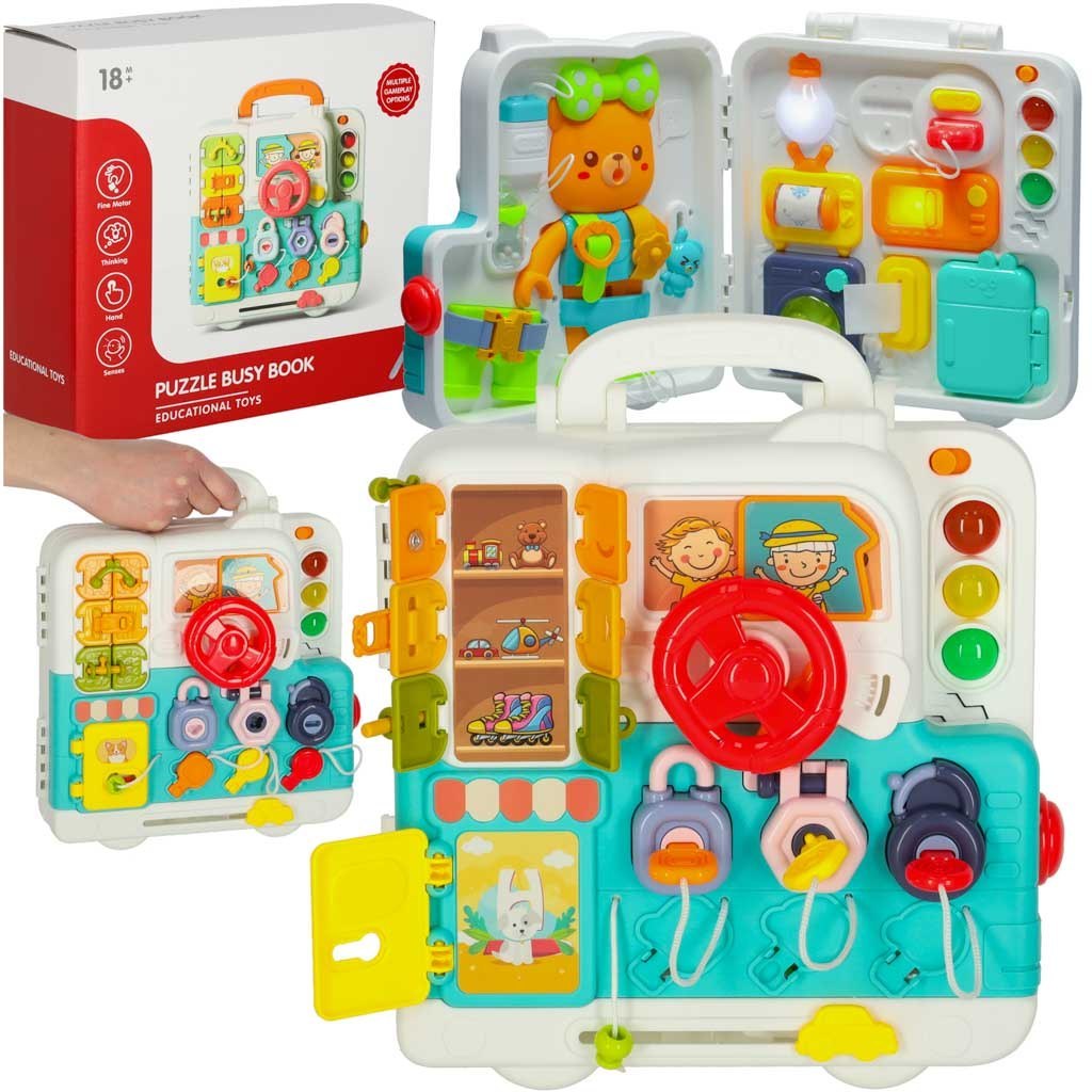 Tablica manipulacyjna sensoryczna montessori walizka pokrętła miś XXL światło dźwięk Tablica manipulacyjna sensoryczna montessori walizka pokrętła miś XXL światło dźwięk
