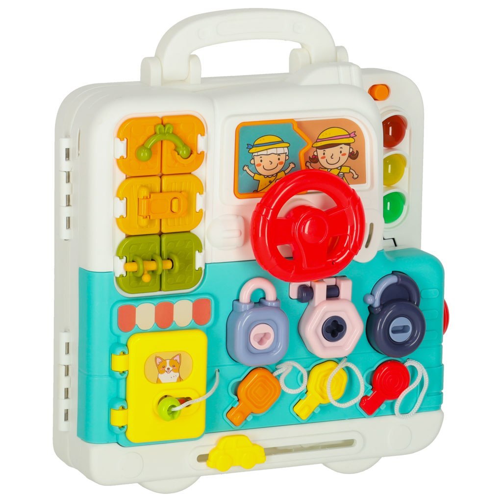 Tablica manipulacyjna sensoryczna montessori walizka pokrętła miś XXL światło dźwięk Tablica manipulacyjna sensoryczna montessori walizka pokrętła miś XXL światło dźwięk