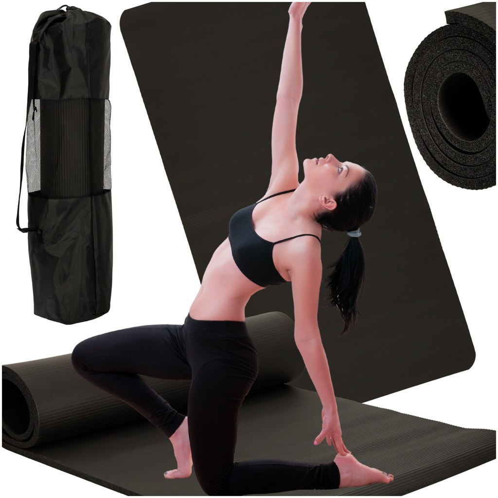 Mata do ćwiczeń jogi gimnastyczna treningowa fitness karimata gruba 1,5cm czarna + pokrowiec