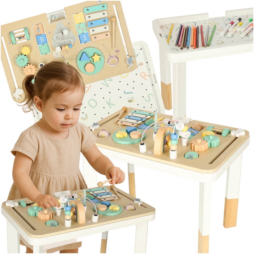 Tablica manipulacyjna LULILO LUDO stolik drewniany sensoryczny 2w1 miętowy Tablica manipulacyjna LULILO LUDO stolik drewniany sensoryczny 2w1 miętowy
