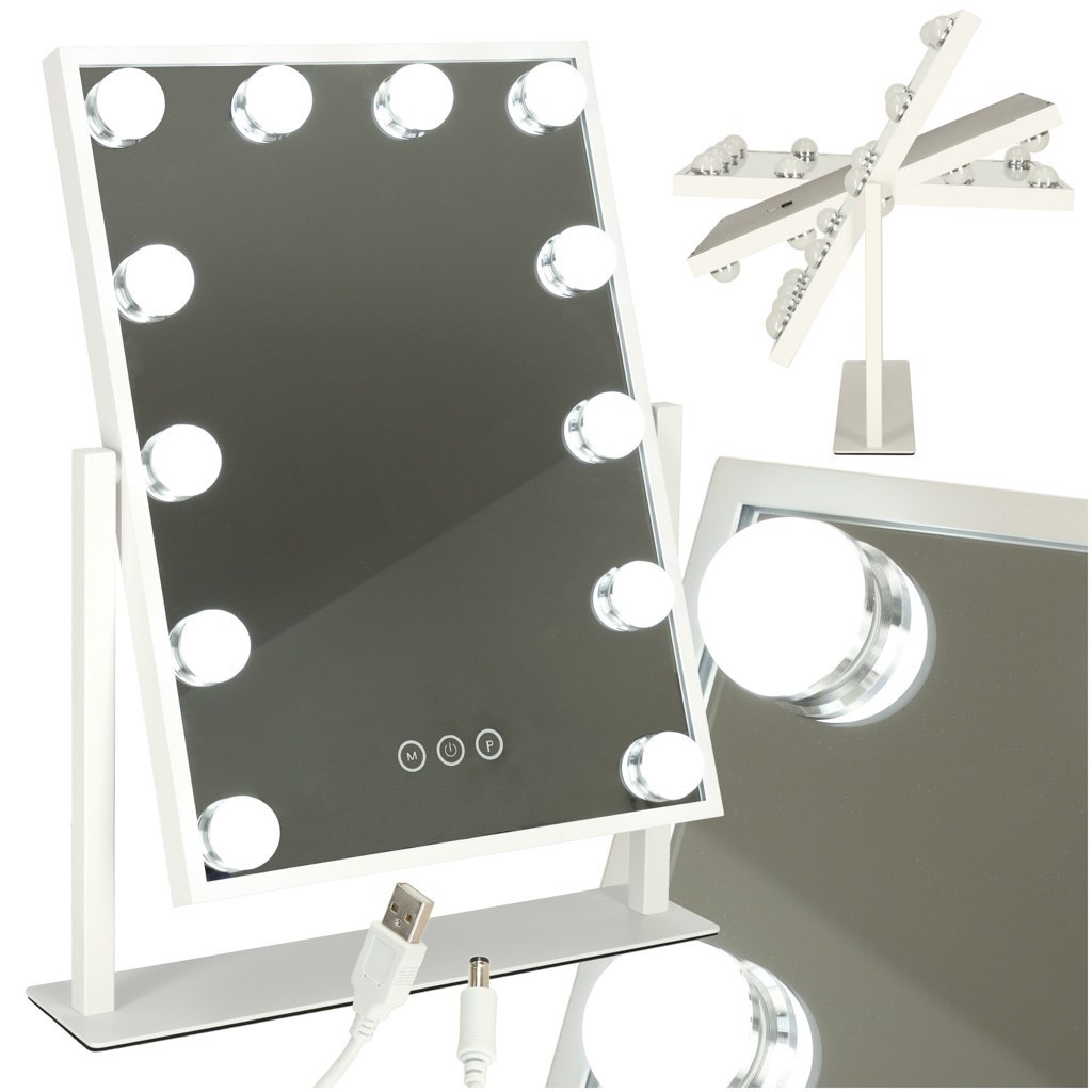 Lusterko do makijażu kosmetyczne podświetlane 12 LED Hollywood z 12 żarówkami USB 30 x 40 cm Lusterko do makijażu kosmetyczne podświetlane 12 LED Hollywood z 12 żarówkami USB 30 x 40 cm
