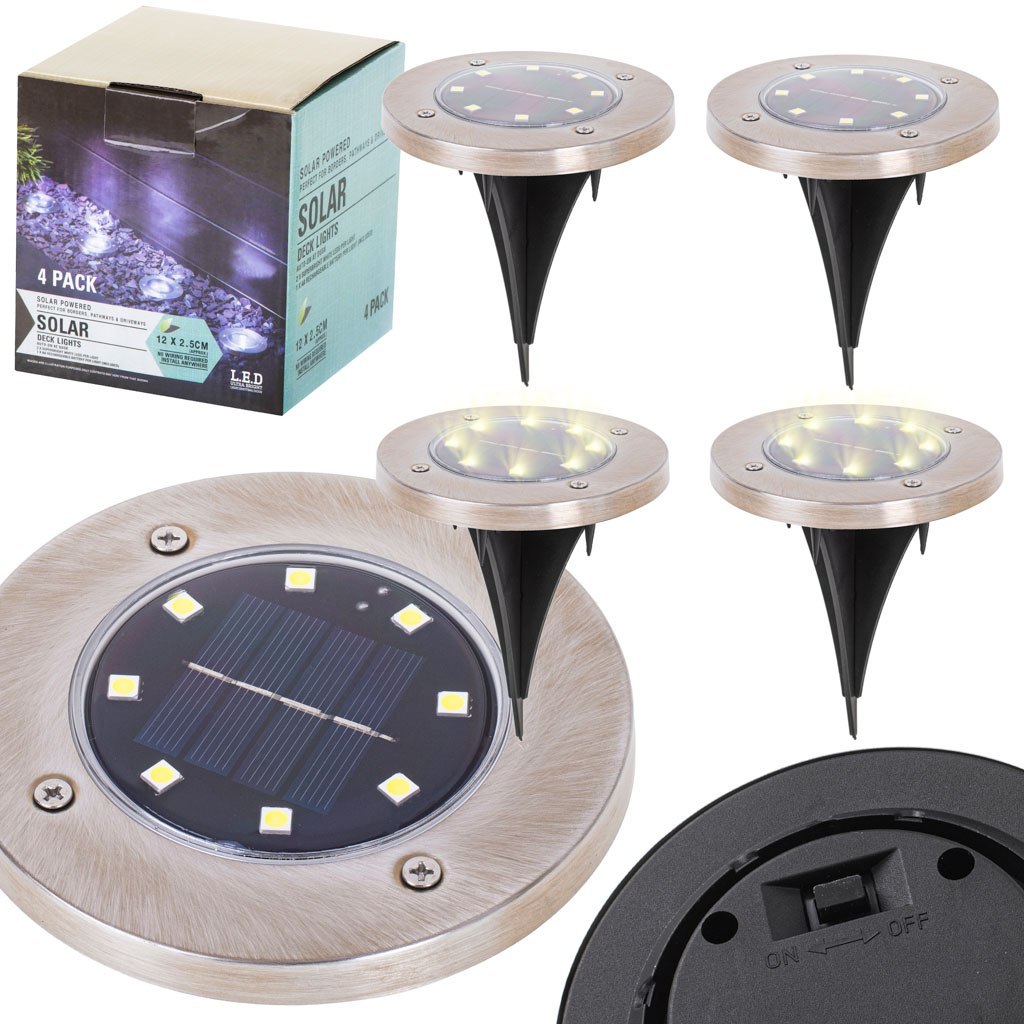 Lampy ogrodowe solarne najazdowe gruntowe czujnik zmierzchu wbijane świecący dysk 8LED 4szt. ciepły biały
