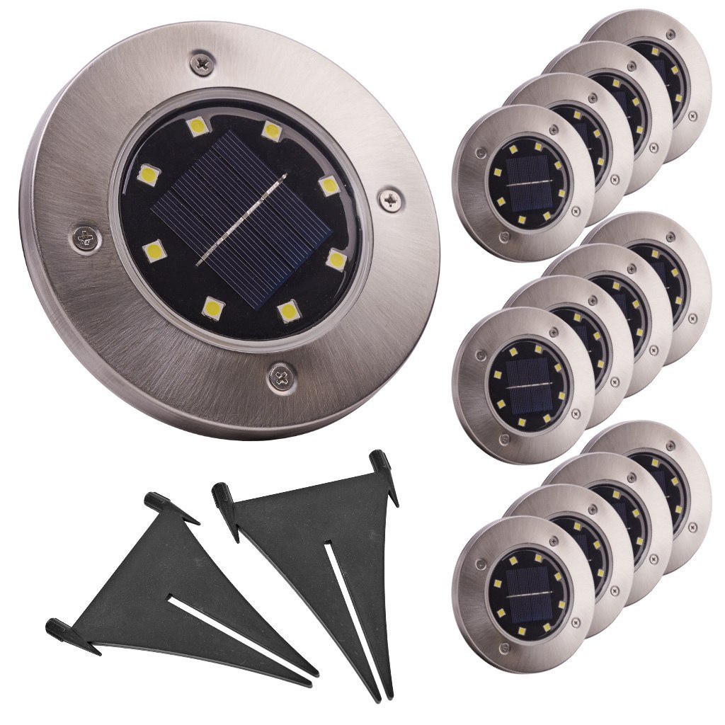 Lampy ogrodowe solarne najazdowe gruntowe czujnik zmierzchu wbijane świecący dysk 8LED 12szt. zimny biały