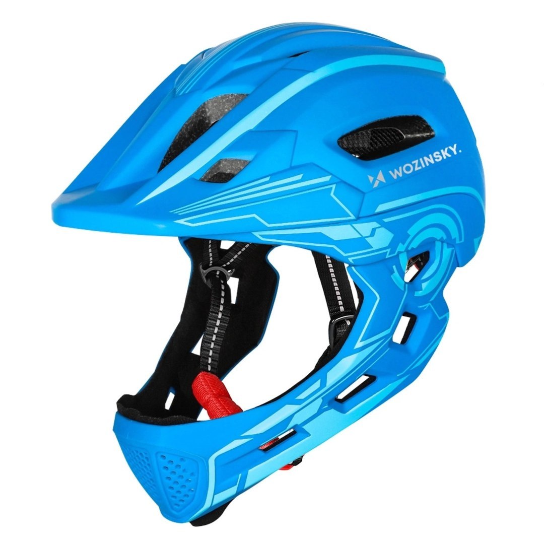 Kask rowerowy fullface dziecięcy z tylną lampką USB 52-56 cm – niebieski