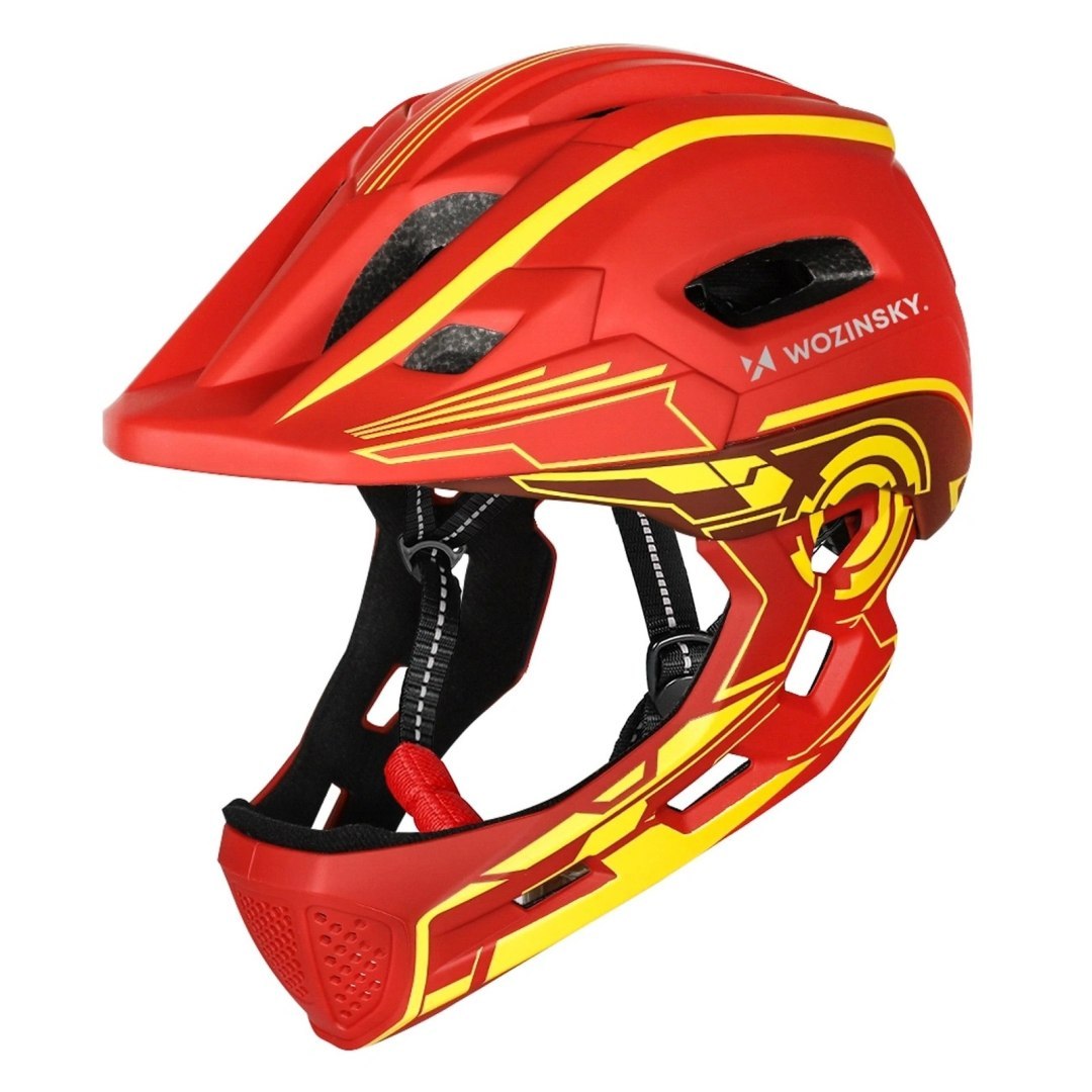 Kask rowerowy fullface dziecięcy z tylną lampką USB 52-56 cm – czerwono żółty