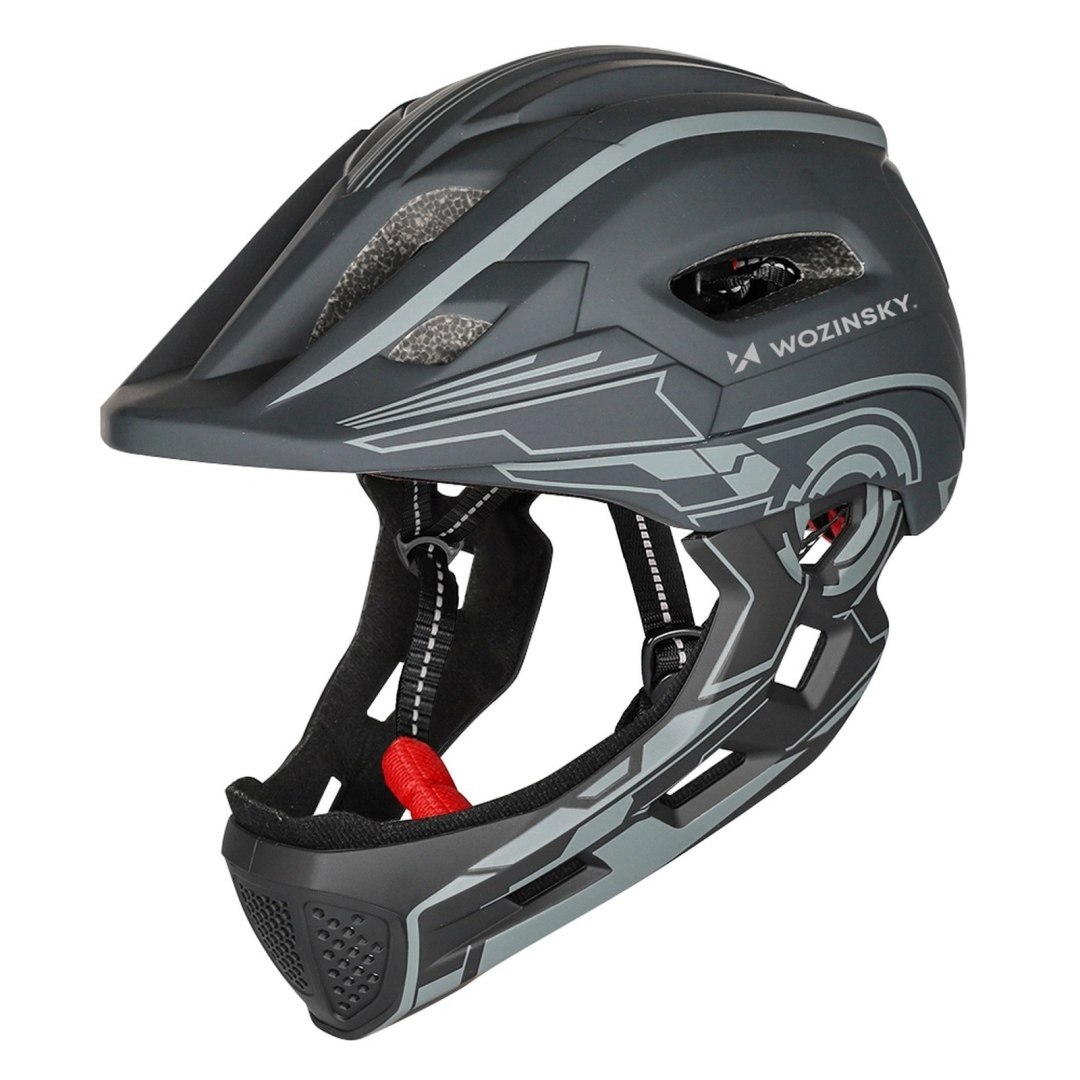 Kask rowerowy fullface dziecięcy z tylną lampką USB 52-56 cm – szary Kask rowerowy fullface dziecięcy z tylną lampką USB 52-56 cm – szary