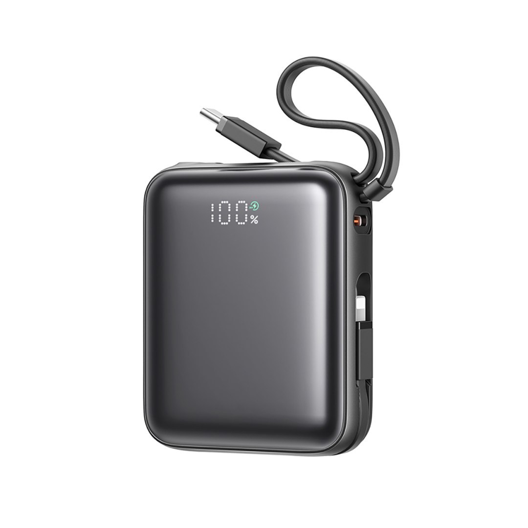 Powerbank 10000mAh 22.5W z wbudowanymi kablami USB-C Lightning – czarny