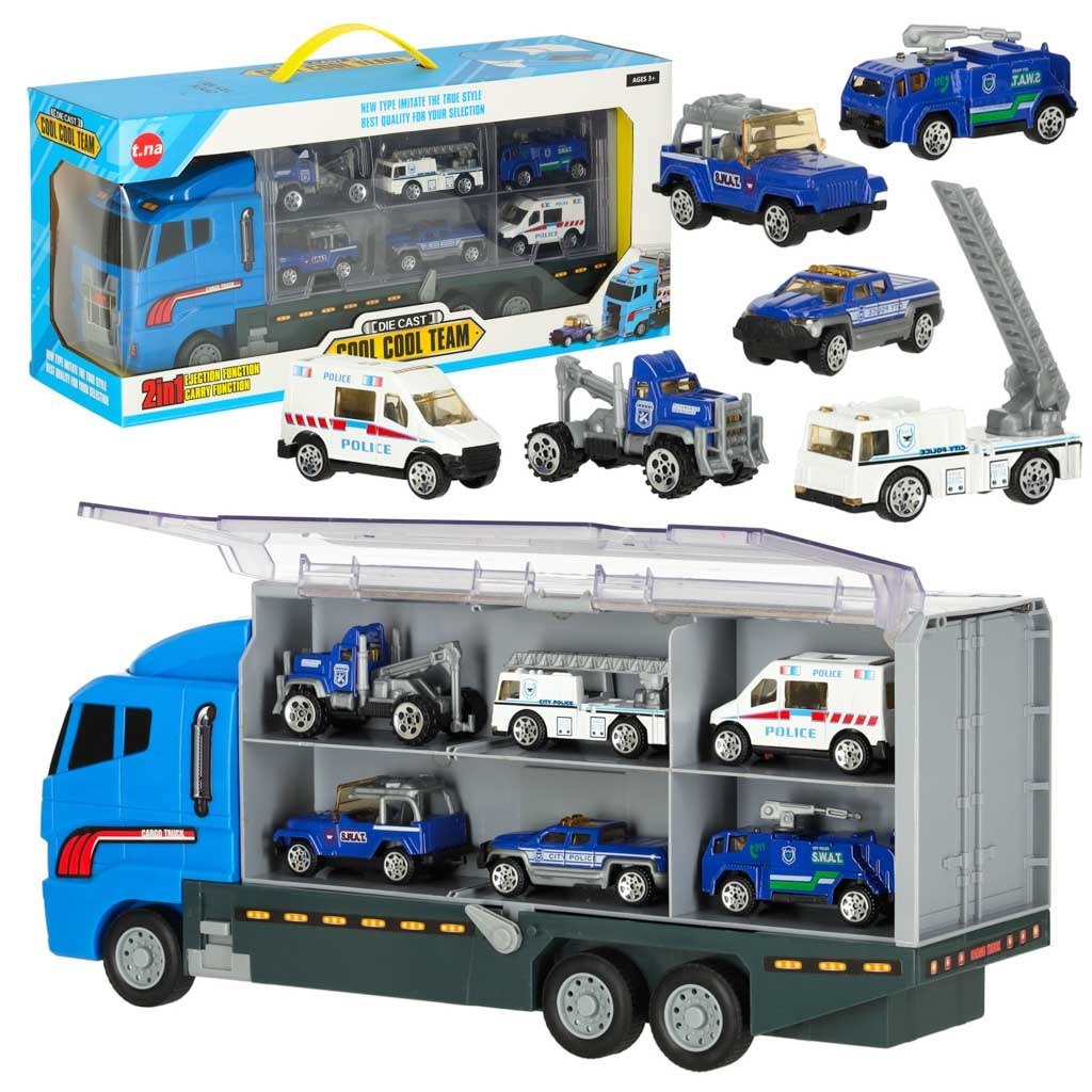 Transporter ciężarówka TIR wyrzutnia + metalowe auta policja Transporter ciężarówka TIR wyrzutnia + metalowe auta policja