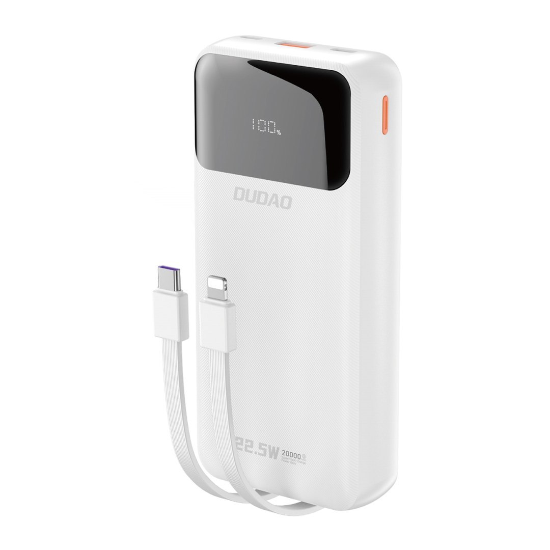 Powerbank 20000mAh 22.5W PD USB-C USB-A z wbudowanymi kablami iPhone Lightning USB-C – biały
