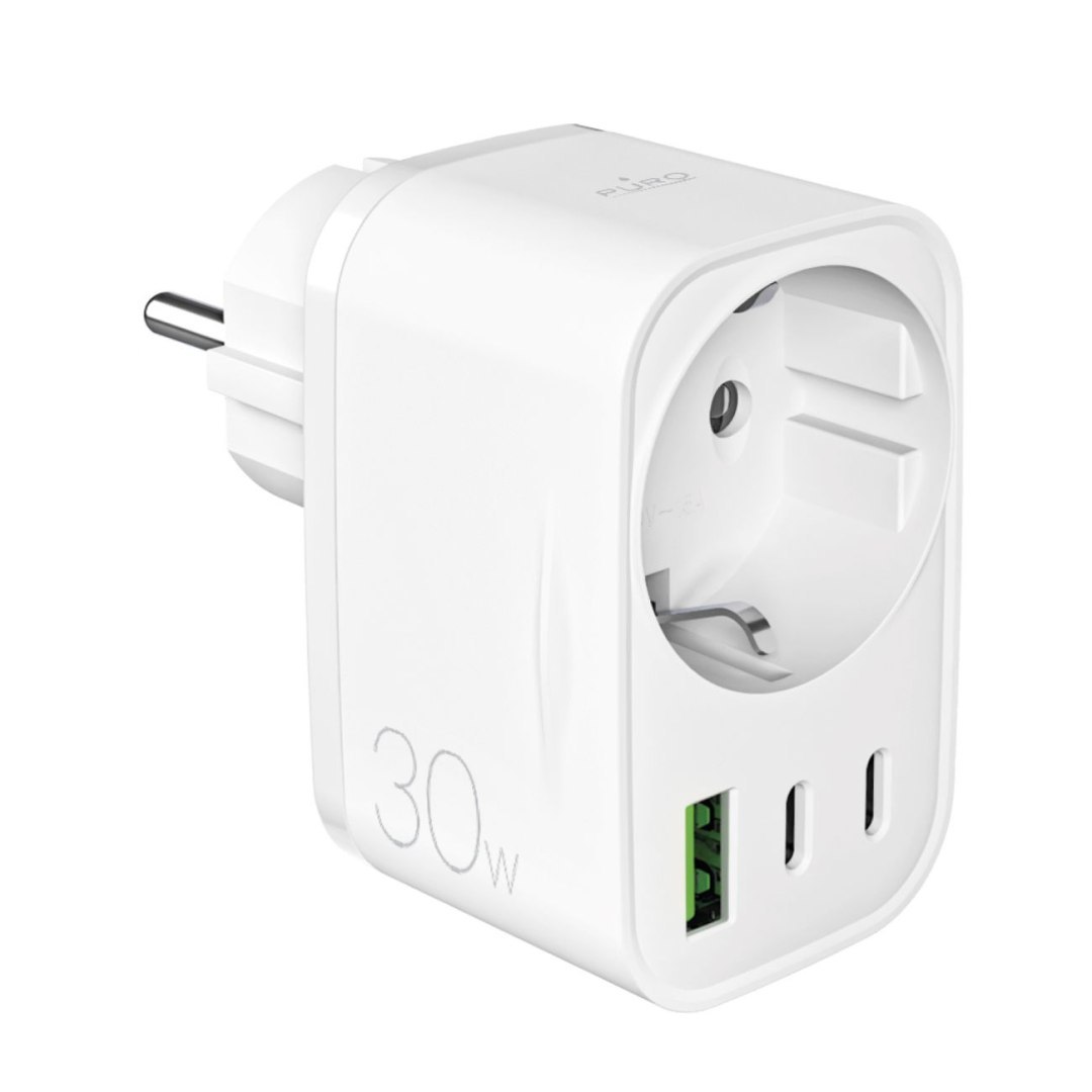 Ładowarka sieciowa z wtyczką gniazdem Schuko USB-C USB-A 30W Power Delivery – biała Ładowarka sieciowa z wtyczką gniazdem Schuko USB-C USB-A 30W Power Delivery – biała