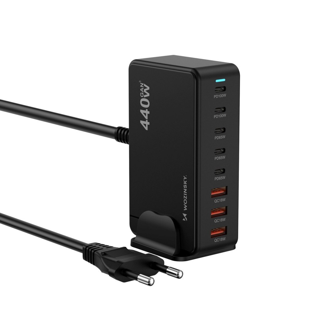 Stacja ładująca biurkowa 3x USB-A 5x USB-C GaN QC3 440W – czarna