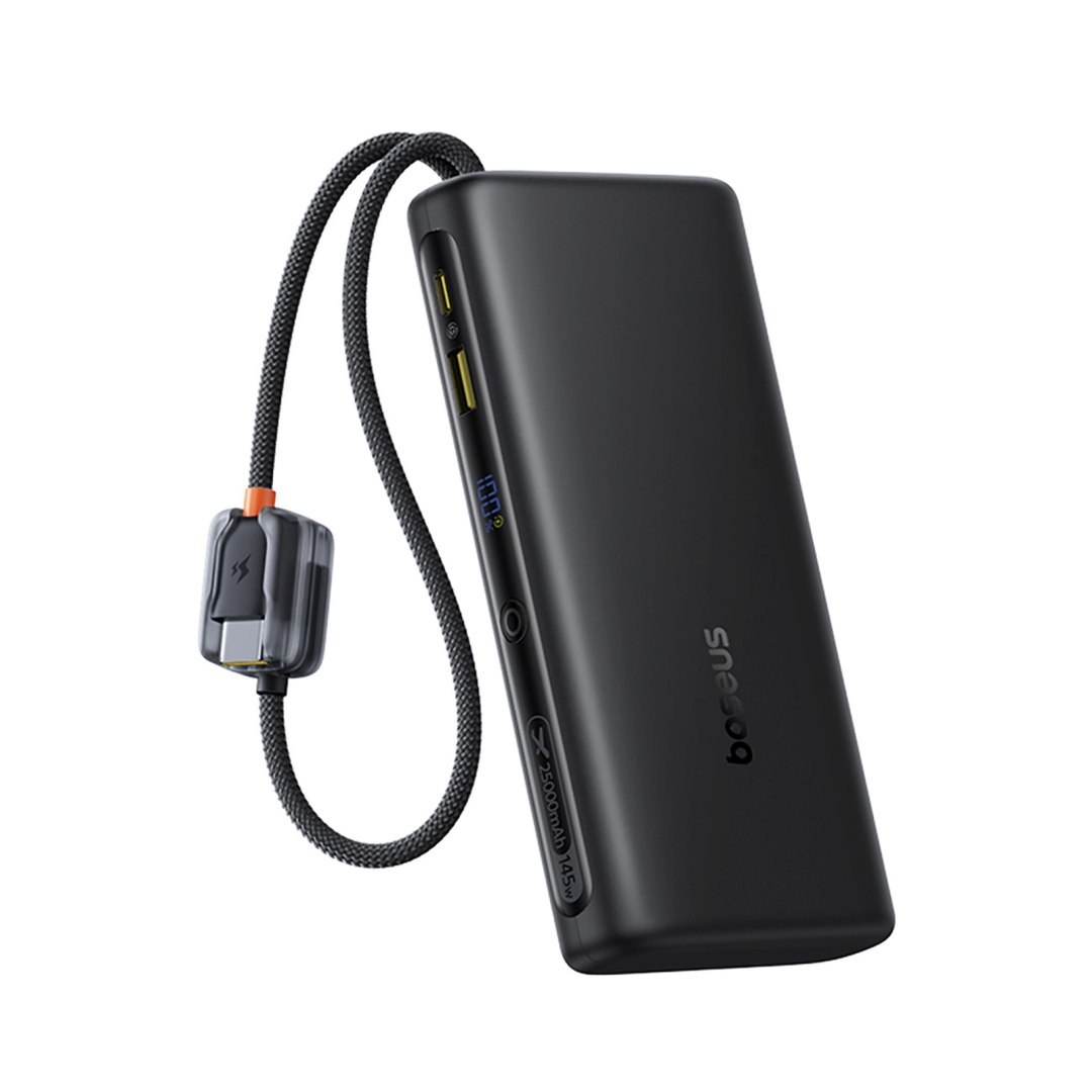 Powerbank 25000mAh 145W z wyświetlaczem wbudowanymi kablami USB-C – czarny