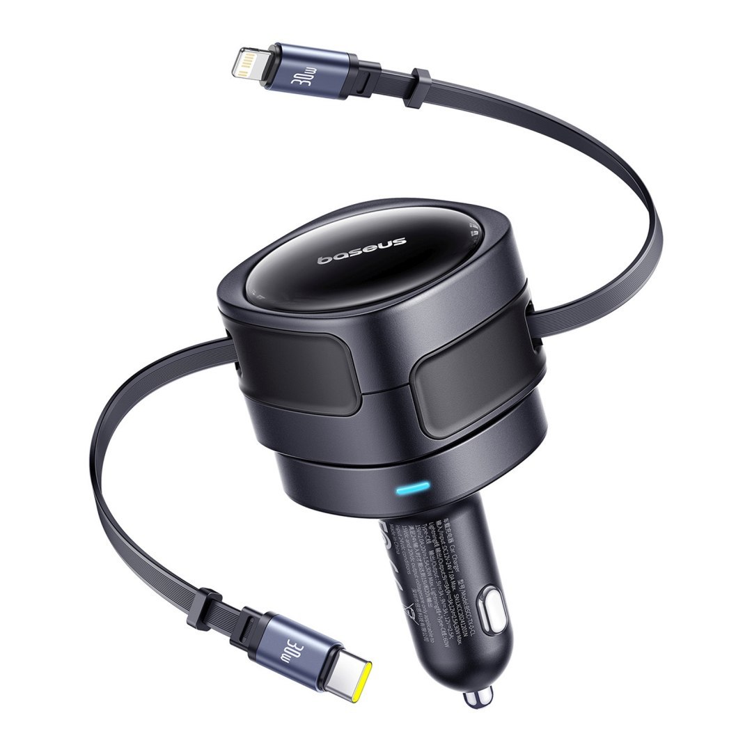 Ładowarka samochodowa ze zwijanymi kablami USB-C iPhone Lightning 60W – czarna Ładowarka samochodowa ze zwijanymi kablami USB-C iPhone Lightning 60W – czarna