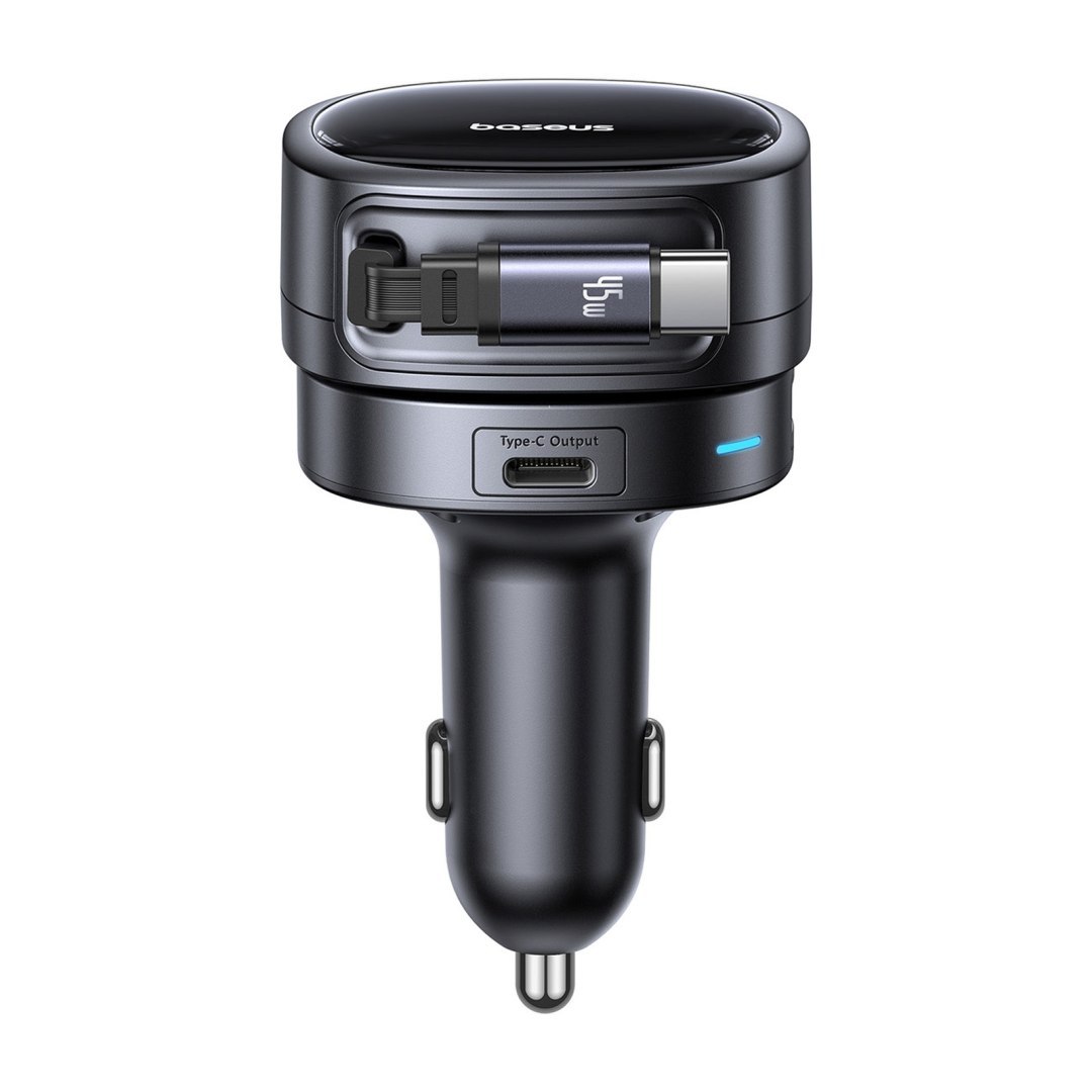 Ładowarka samochodowa USB-A USB-C ze zwijanym kablem USB-C 60W – czarna Ładowarka samochodowa USB-A USB-C ze zwijanym kablem USB-C 60W – czarna
