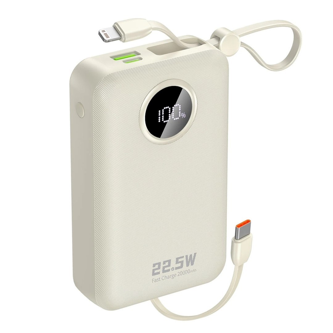 Powerbank K14+ 20000mAh 22.5W USB-C USB-A z wbudowanymi kablami iPhone Lightning USB-C – biały Powerbank K14+ 20000mAh 22.5W USB-C USB-A z wbudowanymi kablami iPhone Lightning USB-C – biały