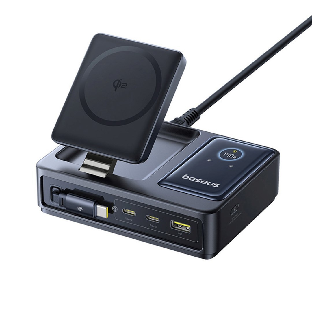 Stacja ładująca 5w1 USB-A UAB-C z wyświetlaczem zwijanym kablem 140W Qi2 – czarna Stacja ładująca 5w1 USB-A UAB-C z wyświetlaczem zwijanym kablem 140W Qi2 – czarna