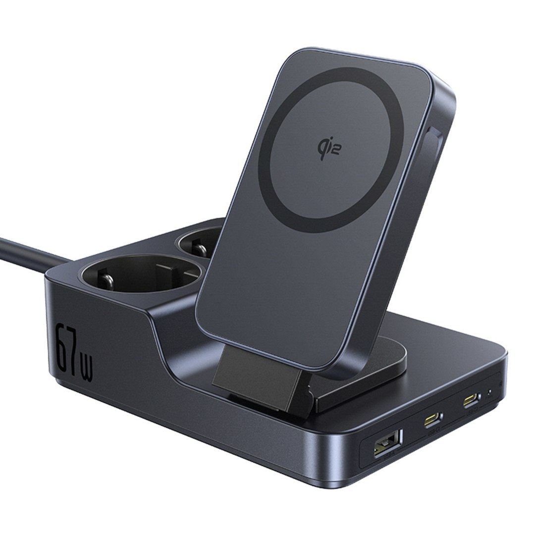 Stacja ładująca 6w1 bezprzewodowa USB-A USB-C 2x gniazdo AC 67W – czarna