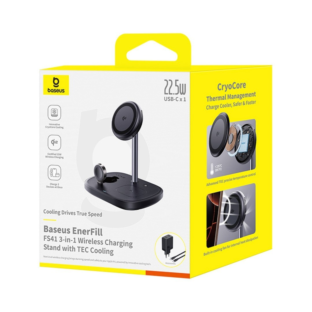 Ładowarka indukcyjna 3w1 do smartfona zegarka słuchawek z chłodzeniem kablem USB-C 45W – czarna Ładowarka indukcyjna 3w1 do smartfona zegarka słuchawek z chłodzeniem kablem USB-C 45W – czarna