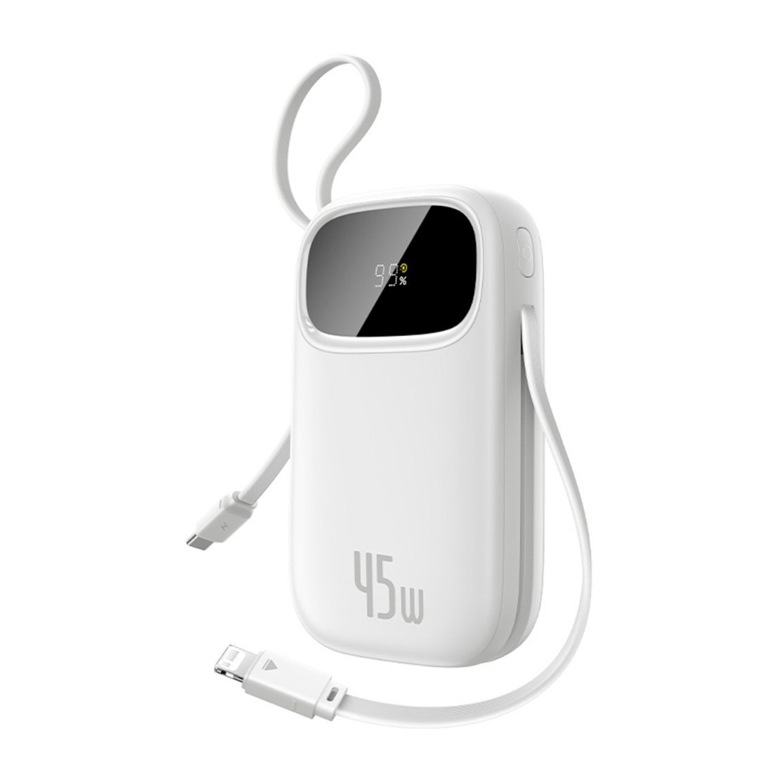 Powerbank 10000mAh 45W FC31 Qpow 3 z wyświetlaczem kablami USB-C iPhone Lightning – biały