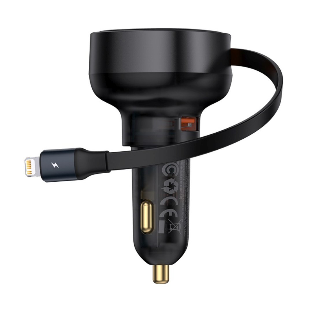 Ładowarka samochodowa USB-A ze zwijanym kablem iPhone Lightning 55W – czarna