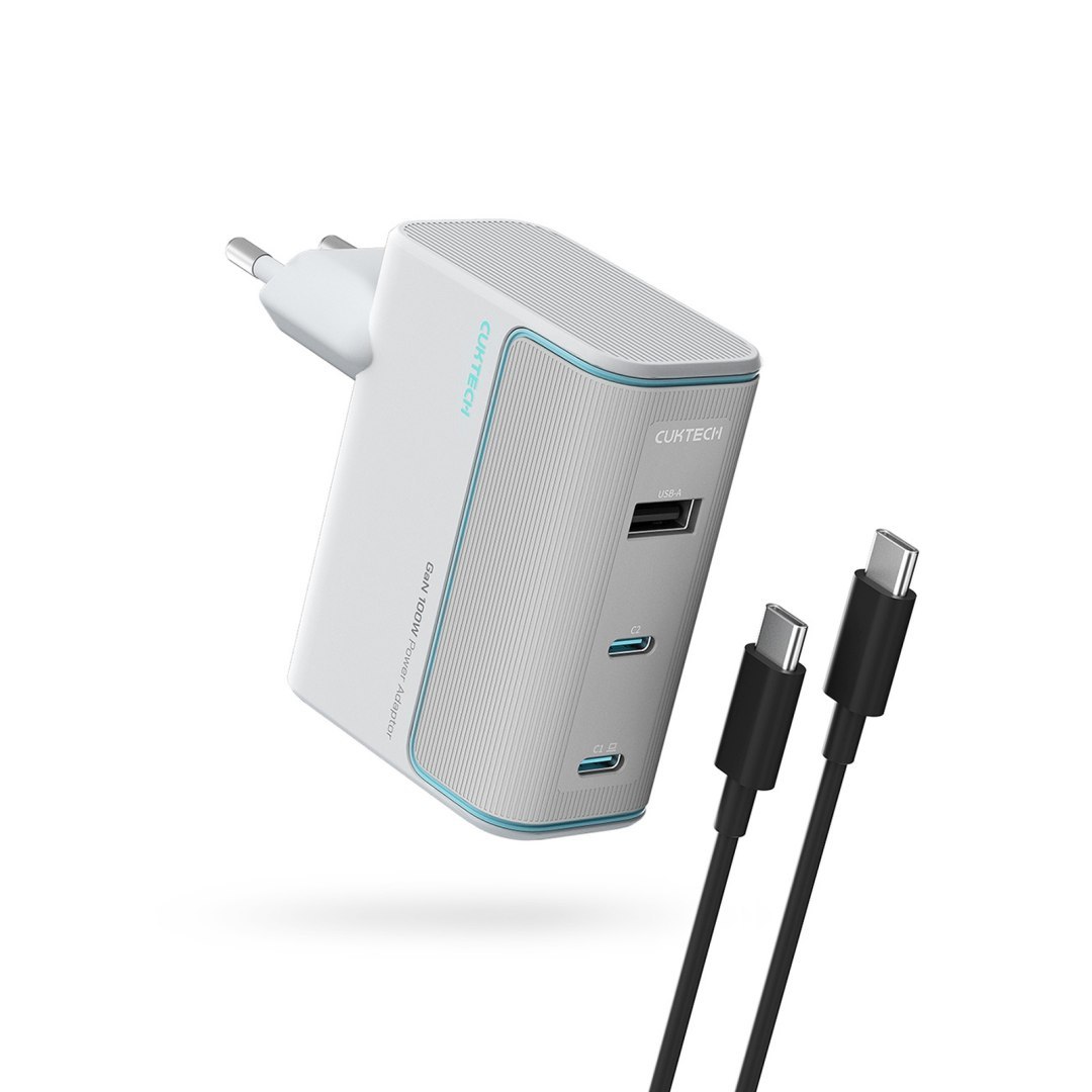 Ładowarka sieciowa USB-C USB-A z kablem GaN 100W – biała Ładowarka sieciowa USB-C USB-A z kablem GaN 100W – biała
