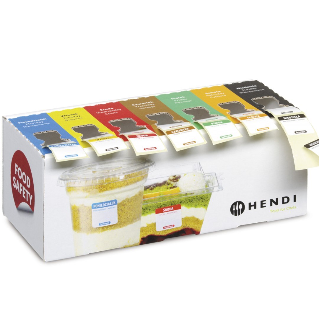Zestaw etykiet wielorazowych food safety na każdy dzień tygodnia z podajnikiem – Hendi 850305